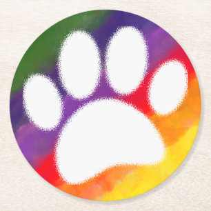 Dessous-de-verre Rond En Papier Chien Pawprint Rainbow Watercolor