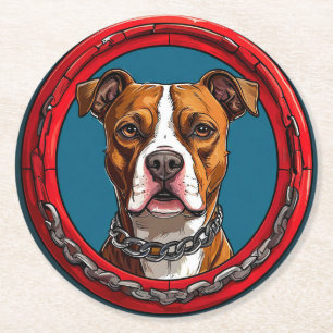 Dessous-de-verre Rond En Papier Chien sur fond bleu avec des chaînes