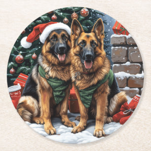 Dessous-de-verre Rond En Papier Chiens bergers allemands de Noël