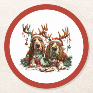 Dessous-de-verre Rond En Papier Chiens de Noël Basset Hound