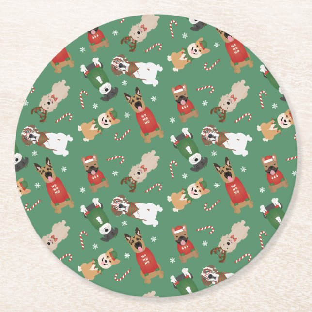 Dessous-de-verre Rond En Papier Chiens de Noël Motif Rouge Vert (Devant)