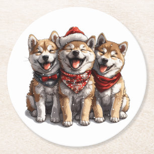 Dessous-de-verre Rond En Papier Chiens de Noël Shiba Inu Père Noël