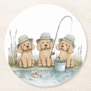 Dessous-de-verre Rond En Papier Chiens Goldendoodle à la pêche