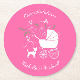 Dessous-de-verre Rond En Papier Chihuahua Baby shower fille rose chien