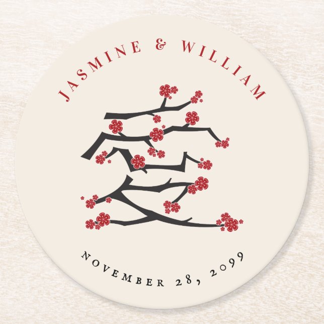 Dessous-de-verre Rond En Papier Chinese Love Red Cherry Blossoms (Devant)