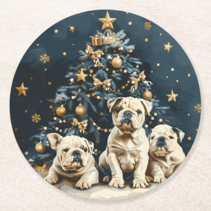 Dessous-de-verre Rond En Papier Chiots Bulldog Anglais de Noël