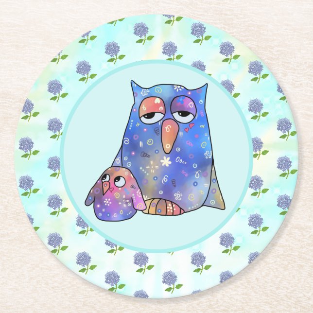 Dessous-de-verre Rond En Papier Chouette bleue  (Devant)