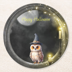 Dessous-de-verre Rond En Papier Chouette d'Halloween dans la fenêtre tour ronde