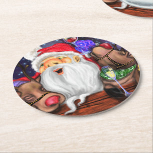 Dessous-de-verre Rond En Papier Christmas Paper Coaster Santa and Reindeers Fun
