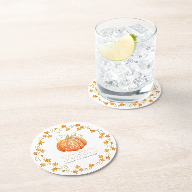 Dessous-de-verre Rond En Papier Chute d'amour citrouille aquarelle art mariage ora (En situation)