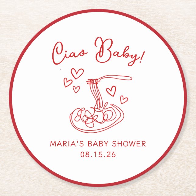 Dessous-de-verre Rond En Papier Ciao Baby ! Baby shower de pâtes italiennes à la m (Devant)
