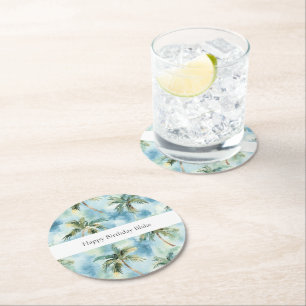 Dessous-de-verre Rond En Papier Cieux Bleus Île Tropicale Palmiers Anniversaire