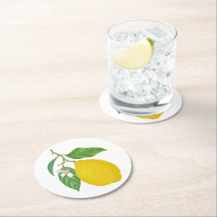 Dessous-de-verre Rond En Papier Citron jaune avec Feuilles verts et fleurs blanche