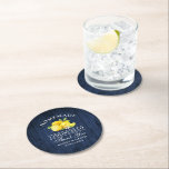 Dessous-de-verre Rond En Papier Citrons Limoncello Mariage Bleu Faux Bois<br><div class="desc">Elégante aquarelle citrons verdure Dessous de verre de Merci de Limoncello faits maison - Bois bleu rustique</div>
