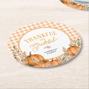 Dessous-de-verre Rond En Papier Citrouilles Gingham de remerciement et de gratitud