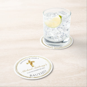 Dessous-de-verre Rond En Papier Classico Blanco Dorado Bautizo de Bebé Gracias
