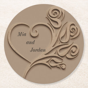 Dessous-de-verre Rond En Papier Classique Coeur Taupe Personnalisé Mariage