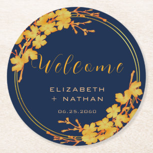 Dessous-de-verre Rond En Papier Classy Gold Floral Marine Blue Mariage Bienvenue