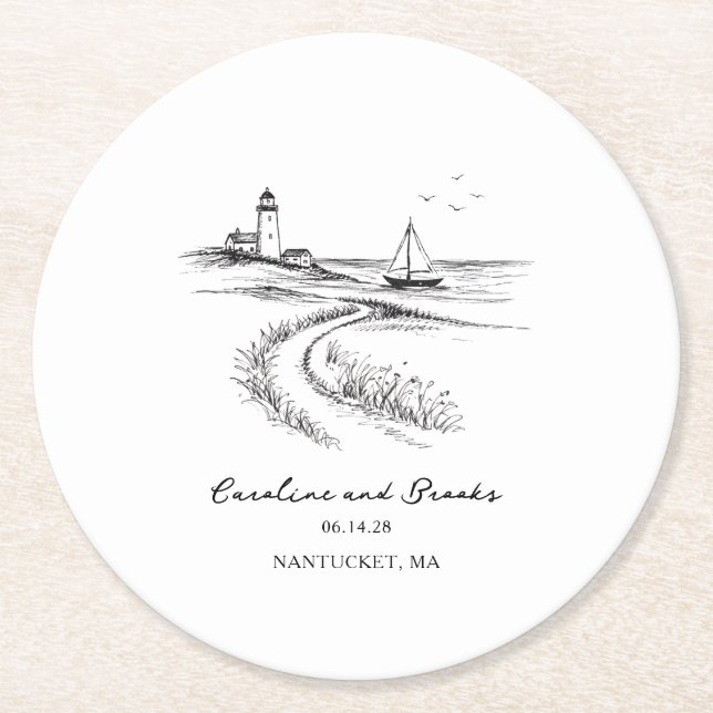 Dessous-de-verre Rond En Papier Coastal Hand Drawn Black & White Wedding (Devant)