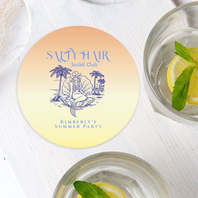 Dessous-de-verre Rond En Papier Coastal Yellow Mermaid Cowgirl Summer Party (Créateur téléchargé)