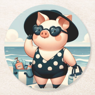 Dessous-de-verre Rond En Papier Cochon mignon en maillot de bain à pois à la plage