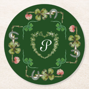 DESSOUS-DE-VERRE ROND EN PAPIER CŒUR DE TRÈFLE, FLEURS ROSES, MONOGRAMME FLORAL VE