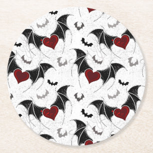 Dessous-de-verre Rond En Papier Cœur d'Halloween avec des ailes de chauve-souris n