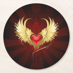 Dessous-de-verre Rond En Papier Coeur rouge avec ailes d'or