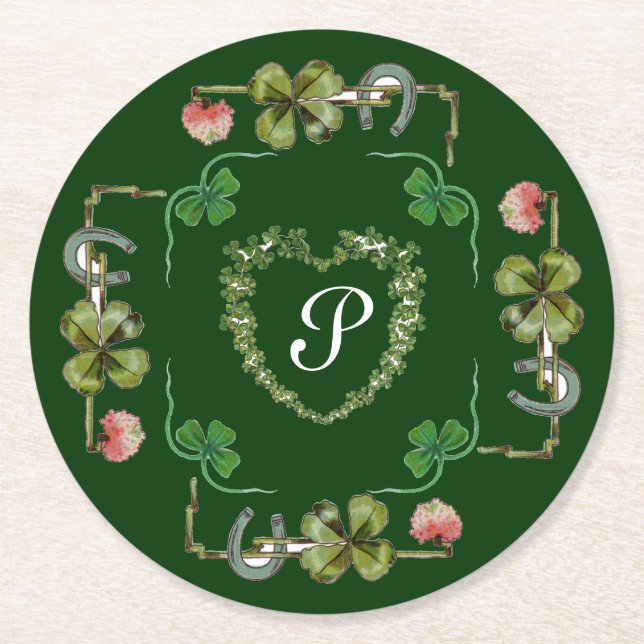 Dessous-de-verre Rond En Papier COEUR shamrock, FLEURS ROSES, MONOGRAMME FLORAL VE (Devant)