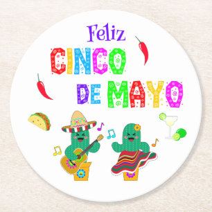 Dessous-de-verre Rond En Papier Colorful Festive Cinco de Mayo 2025 Dancing Cactus