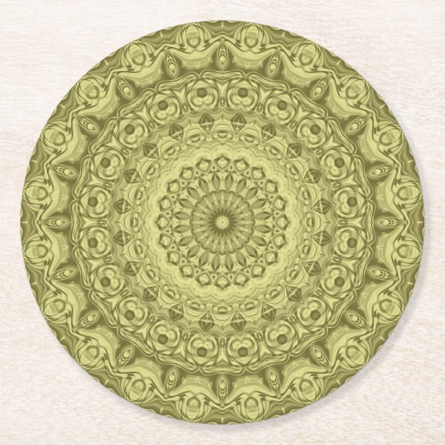 Dessous-de-verre Rond En Papier Conception de motif mandala vert olive (Devant)
