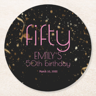 Dessous-de-verre Rond En Papier Confetti d'or noir moderne 50e anniversaire