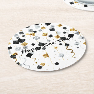 Dessous-de-verre Rond En Papier Confettis Nouvel An Or Noir Joyeux