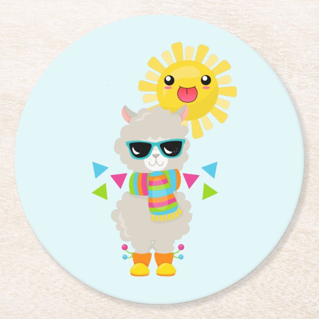 Dessous-de-verre Rond En Papier Cool Llama et souriant Kawaii Sun (Devant)