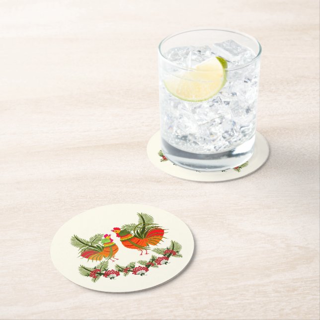 Dessous-de-verre Rond En Papier Coq avec poule (En situation)