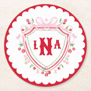 Dessous-de-verre Rond En Papier Coquette Cherry Monogram Crest Fête des mariées