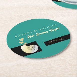 Dessous-de-verre Rond En Papier Coquillage et Coeurs, Mariage plage