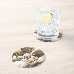 Dessous-de-verre Rond En Papier Coquillages tropicaux Ajouter Initiales et Mariage