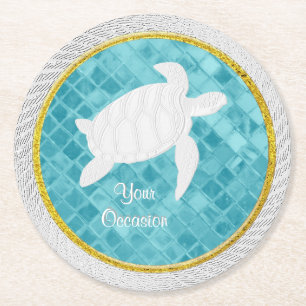 Dessous-de-verre Rond En Papier Corde de tortue de mer Aqua Motif de verre de mer