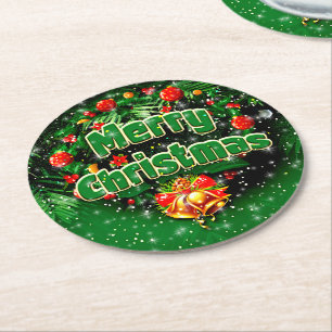 Dessous-de-verre Rond En Papier Correspondance Green Joyeux Noël Gold cloches