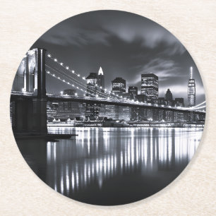 Dessous-de-verre Rond En Papier Coucher de New York Pont de Brooklyn Monochrome Nu