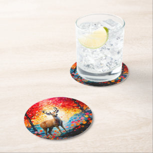 Dessous-de-verre Rond En Papier Coucher de soleil doré Floral Forêt d'automne Cerf
