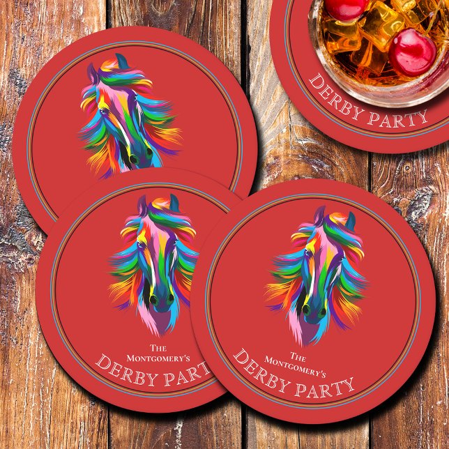 Dessous-de-verre Rond En Papier Couleur Racehorse Derby Party Rouge (Colorful Racehorse Derby Party Round Red Paper Coasters)