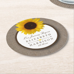 Dessous-de-verre Rond En Papier Country Rustic Tournesol & Mariage Burlap