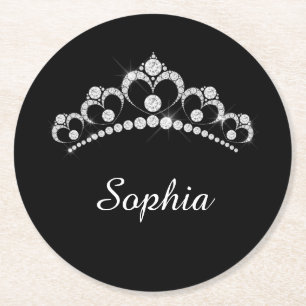 Dessous-de-verre Rond En Papier Couronne de diamant blanc, nom de script DIY, noir