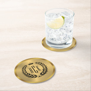 Dessous-de-verre Rond En Papier Couronne de laurier noir sur monogramme personnali