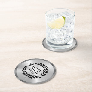 Dessous-de-verre Rond En Papier Couronne de laurier noir sur monogramme personnali