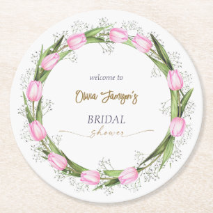 Dessous-de-verre Rond En Papier Couronne de mariage aux tulipes roses pastel et au