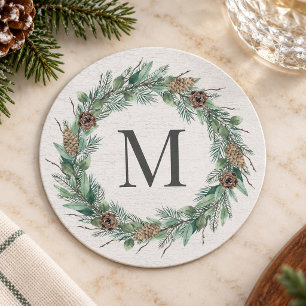Dessous-de-verre Rond En Papier Couronne de monogramme de verdure rustique d'hiver