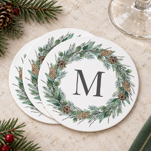Dessous-de-verre Rond En Papier Couronne de monogramme initiale de verdure hiverna